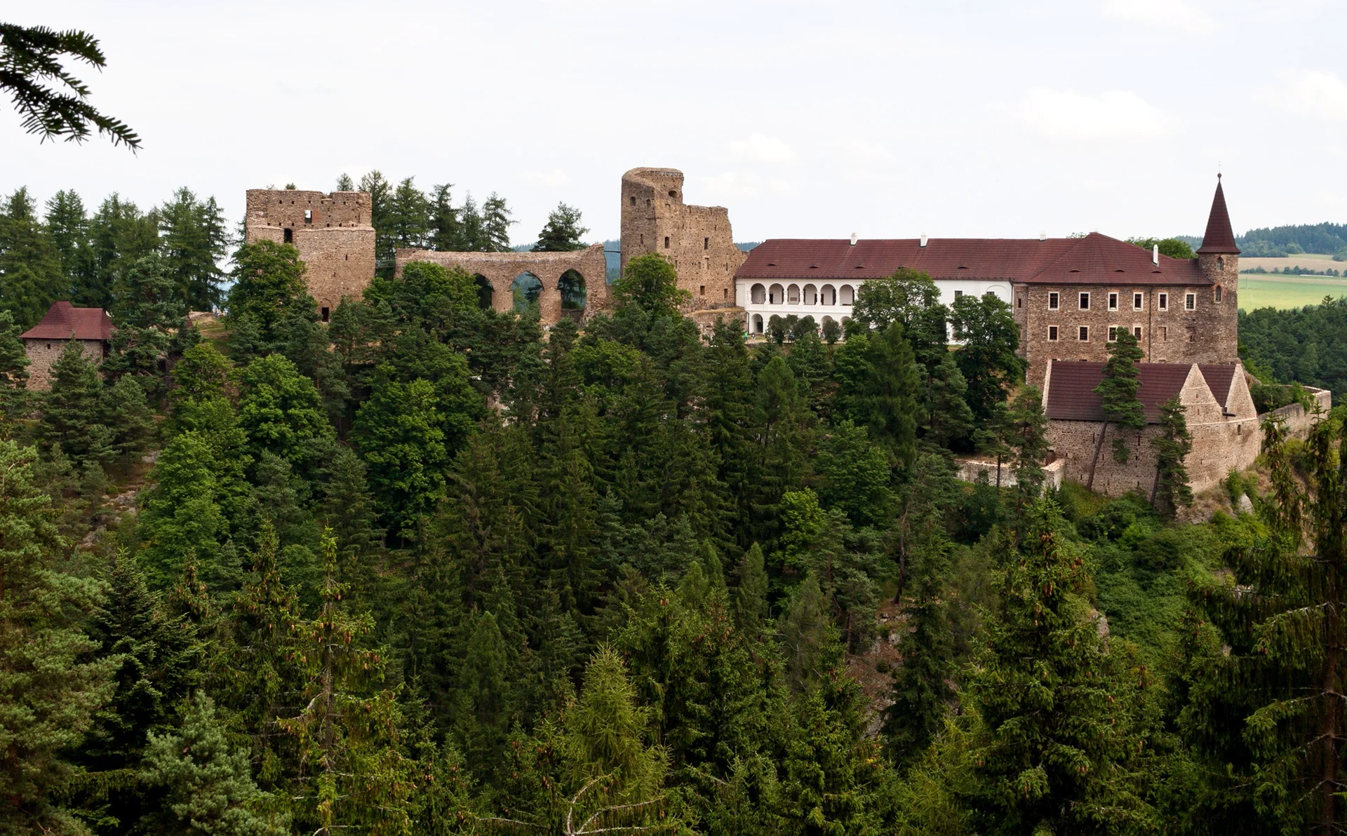 Hrad a zámek Velhartice nad zalesněným údolím