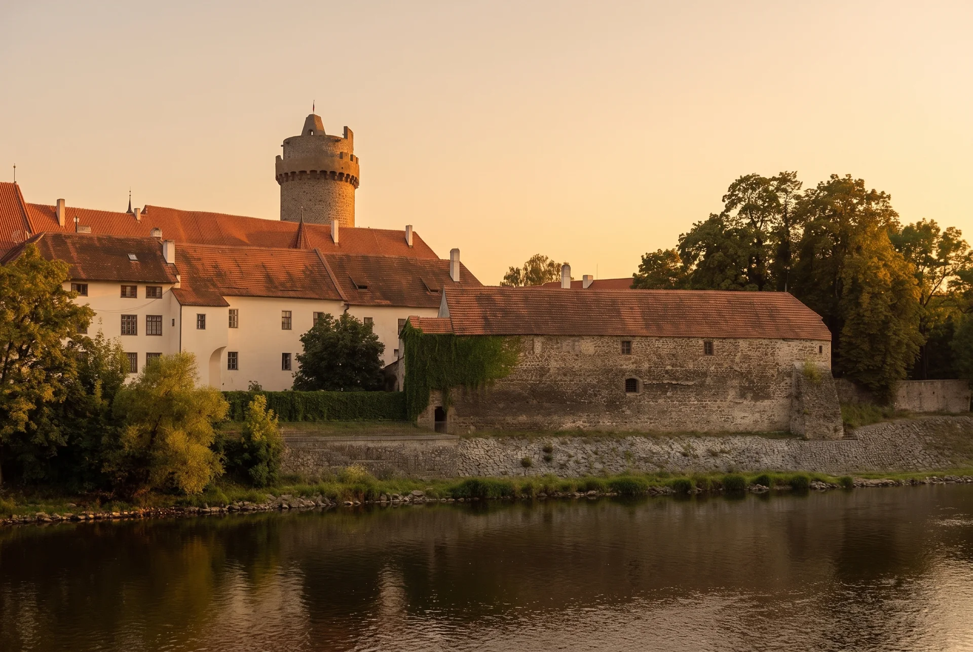 Hrad Strakonice s věží Rumpál nad hladinou Otavy