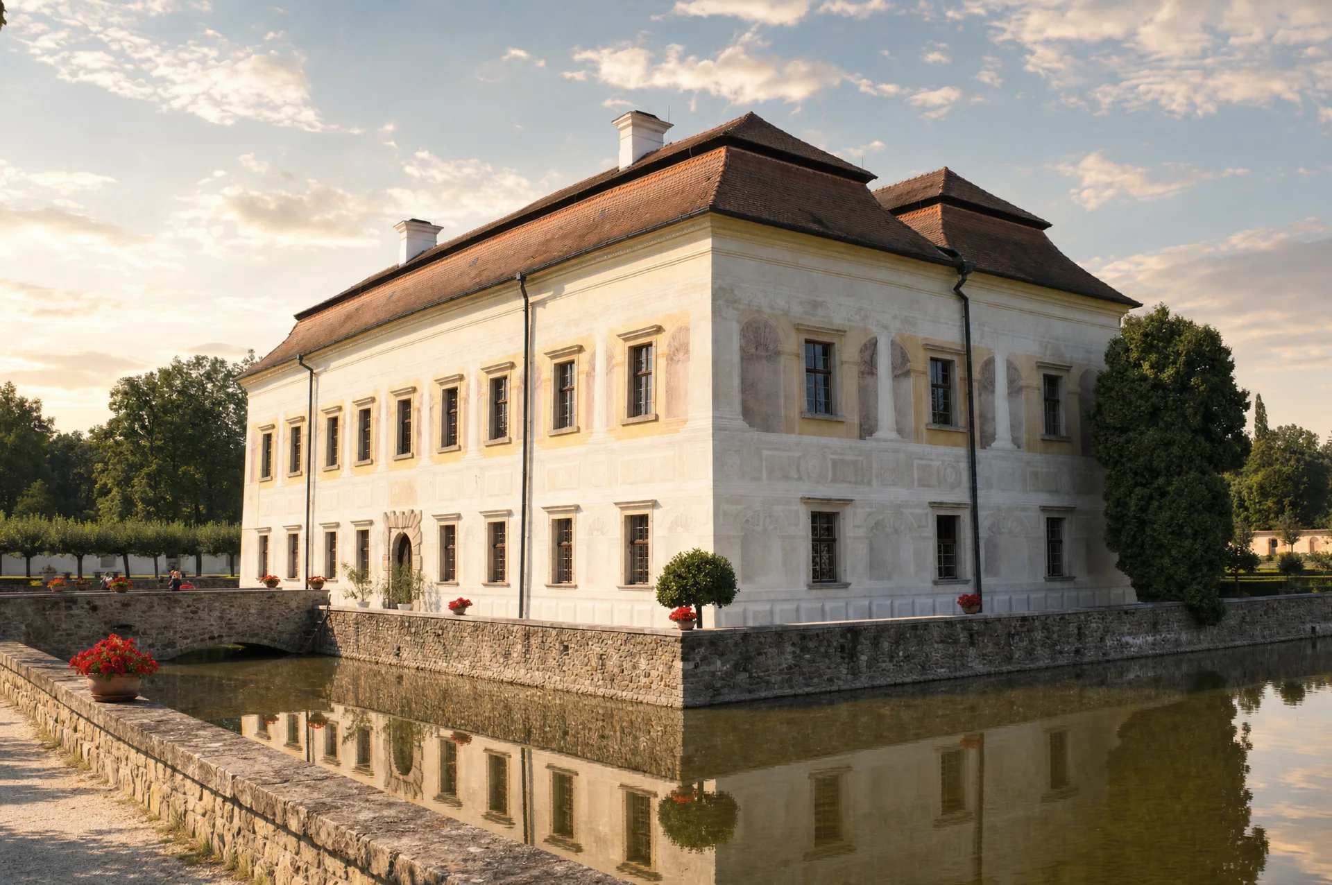 Renesanční vila Kratochvíle obklopená vodním příkopem ve večerním světle