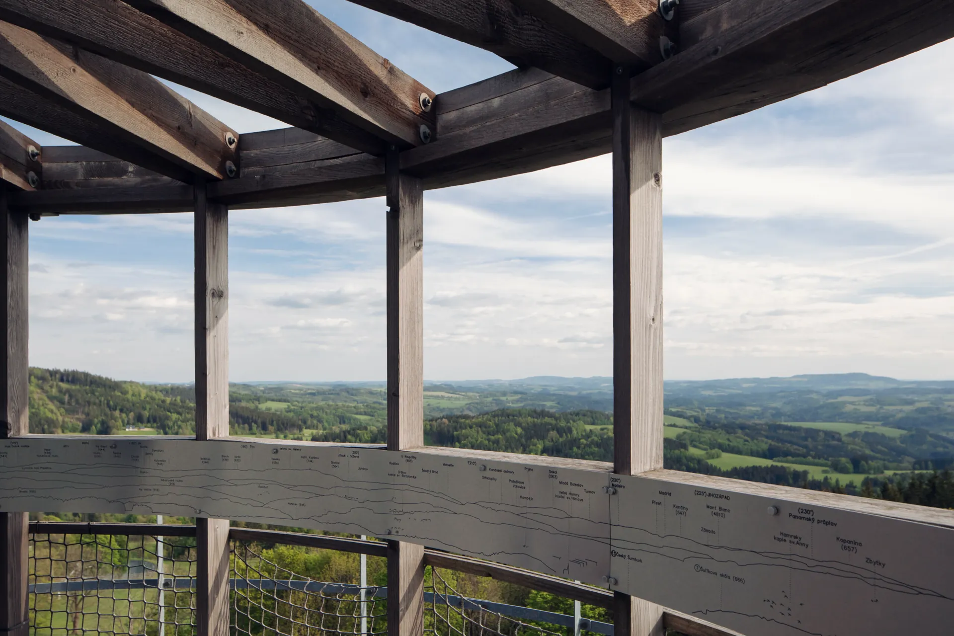 Výhled z ochozu majáku na Jizerské hory s panoramatickou tabulí