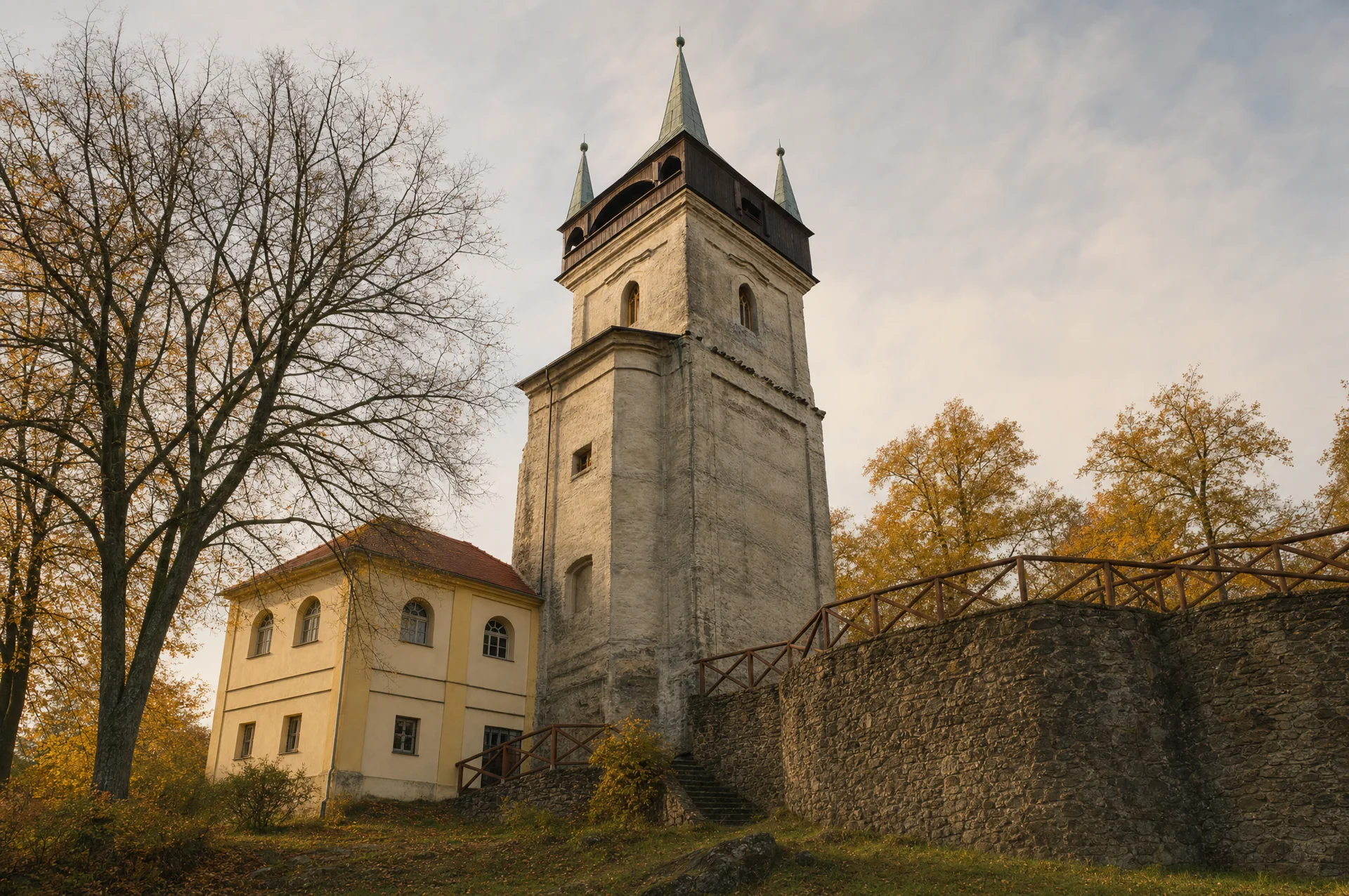 Kamenná hranolová věž s cimbuřím a stříškou vedle žluté budovy nad kamennou hradbou