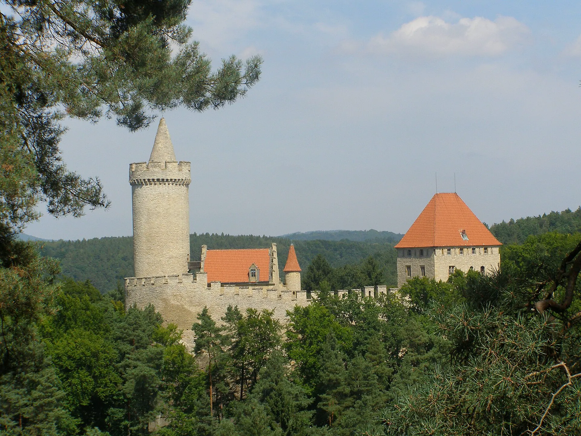 Hrad Kokořín s válcovou věží a palácem nad lesem
