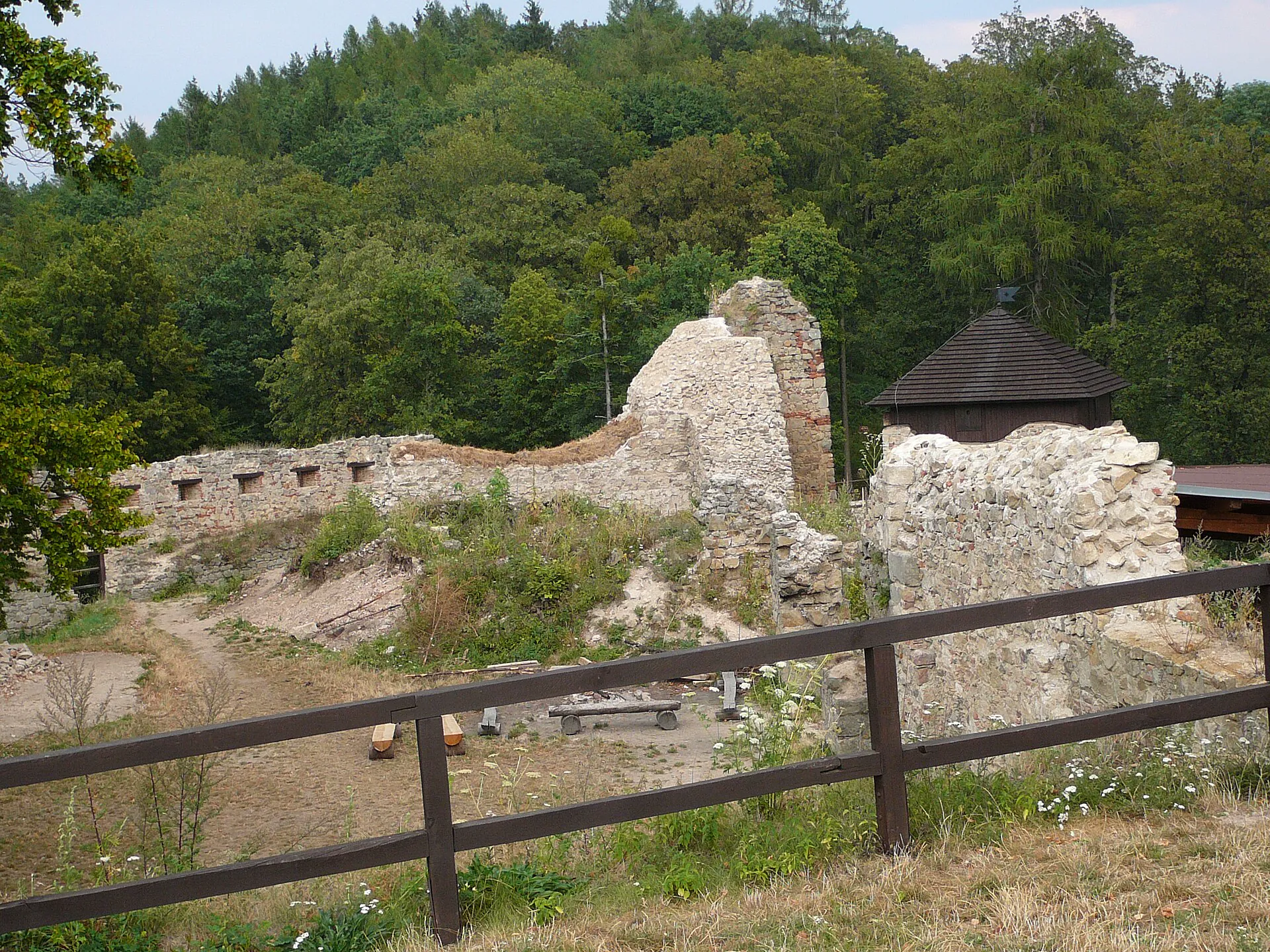 Celkový pohled na zříceninu hradu Lukov s věží nad korunami stromů