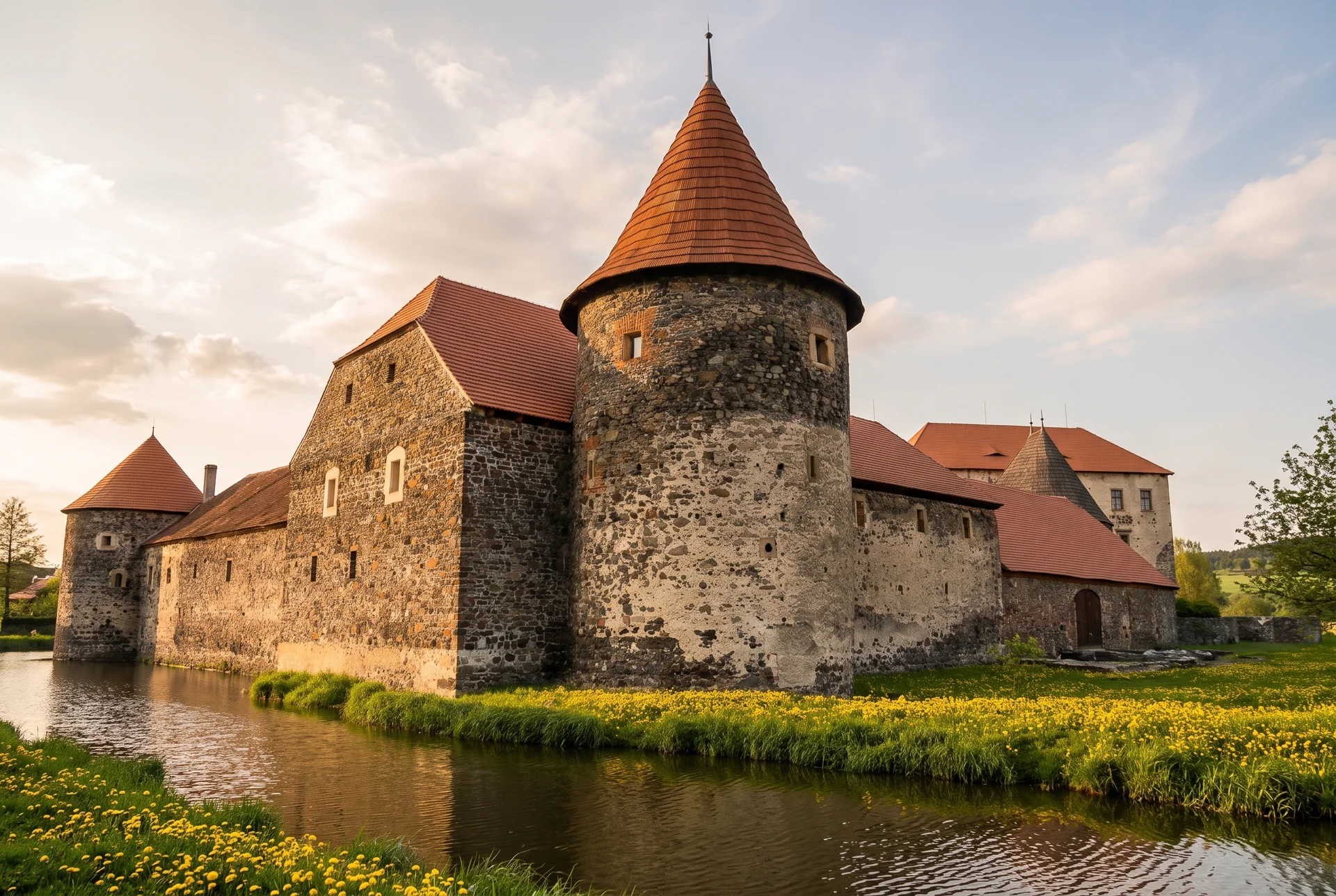 Vodní hrad Švihov s kulatou baštou a vodním příkopem