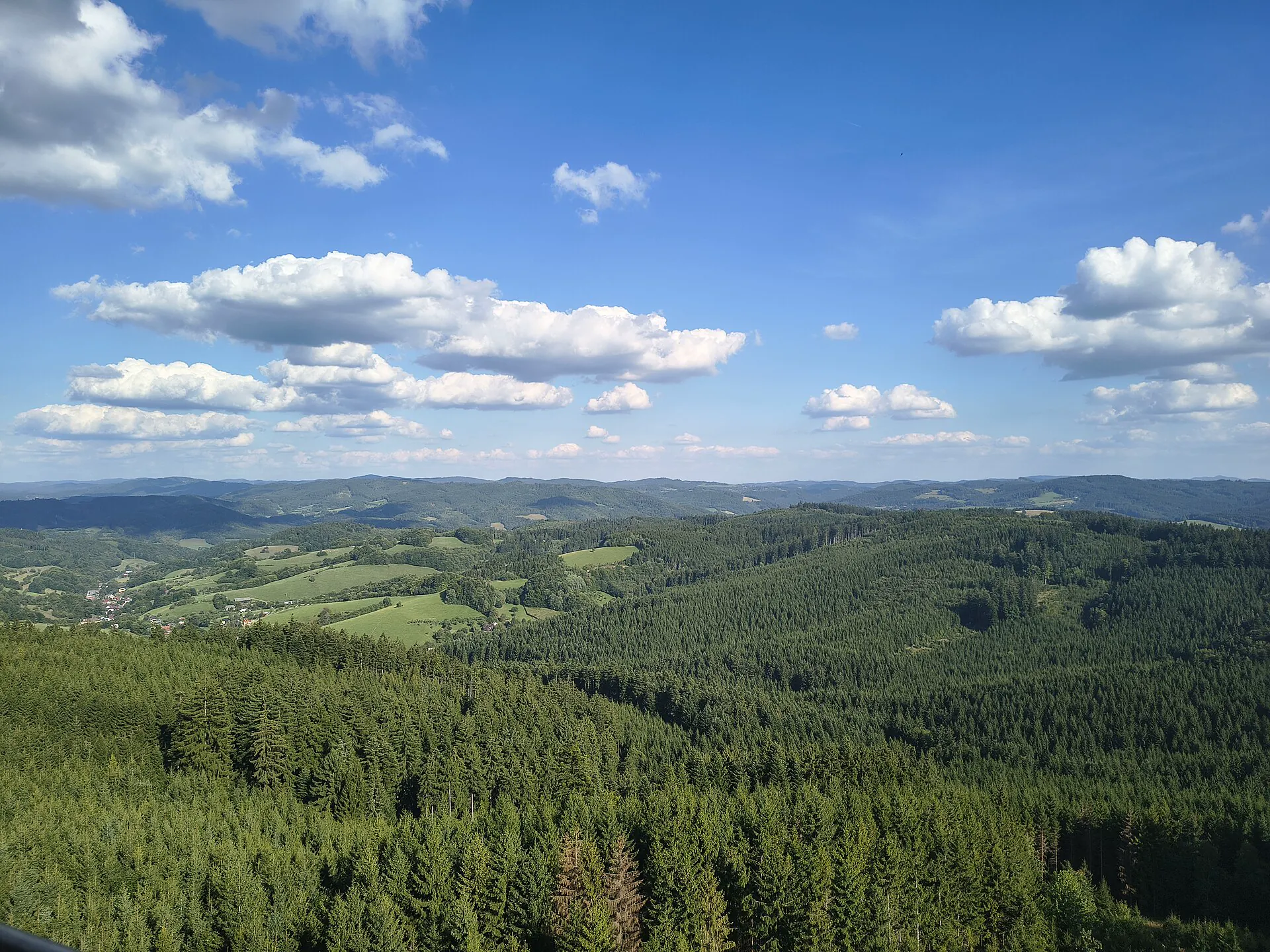 Výhled z rozhledny na zalesněné vrchy a údolí