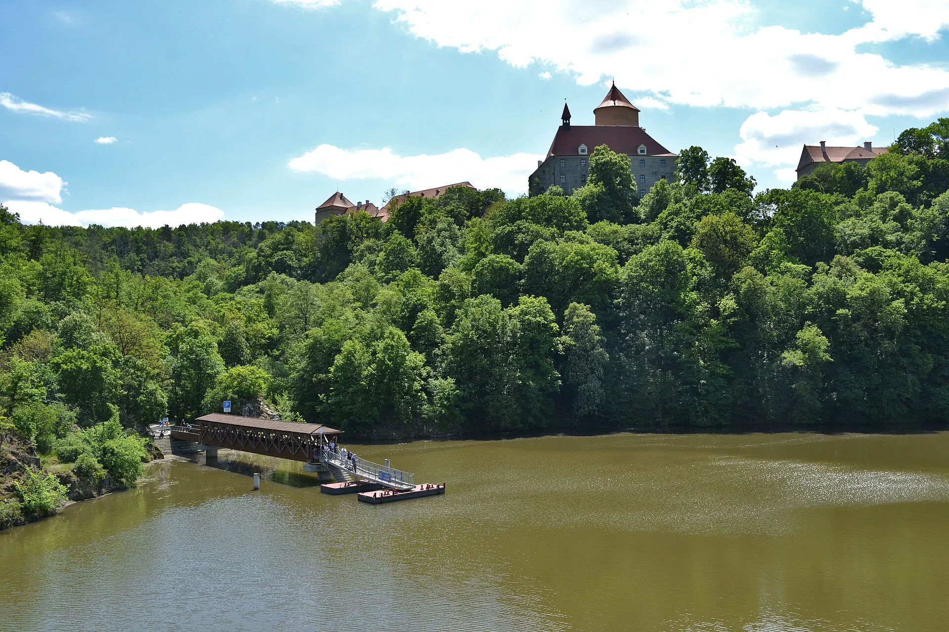 Veveří nad hladinou Brněnské přehrady s přístavištěm