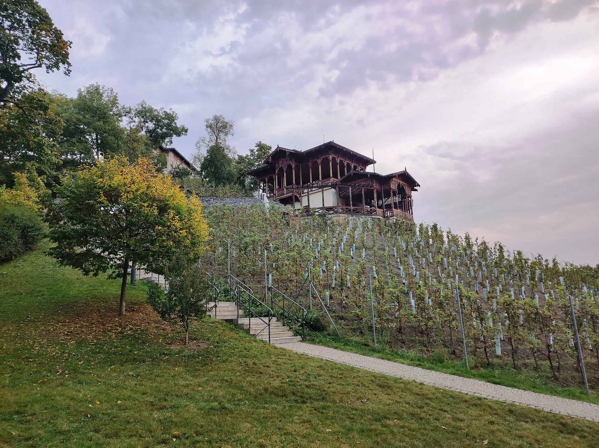 Dřevěný Viniční altán nad vinicí v Havlíčkových sadech