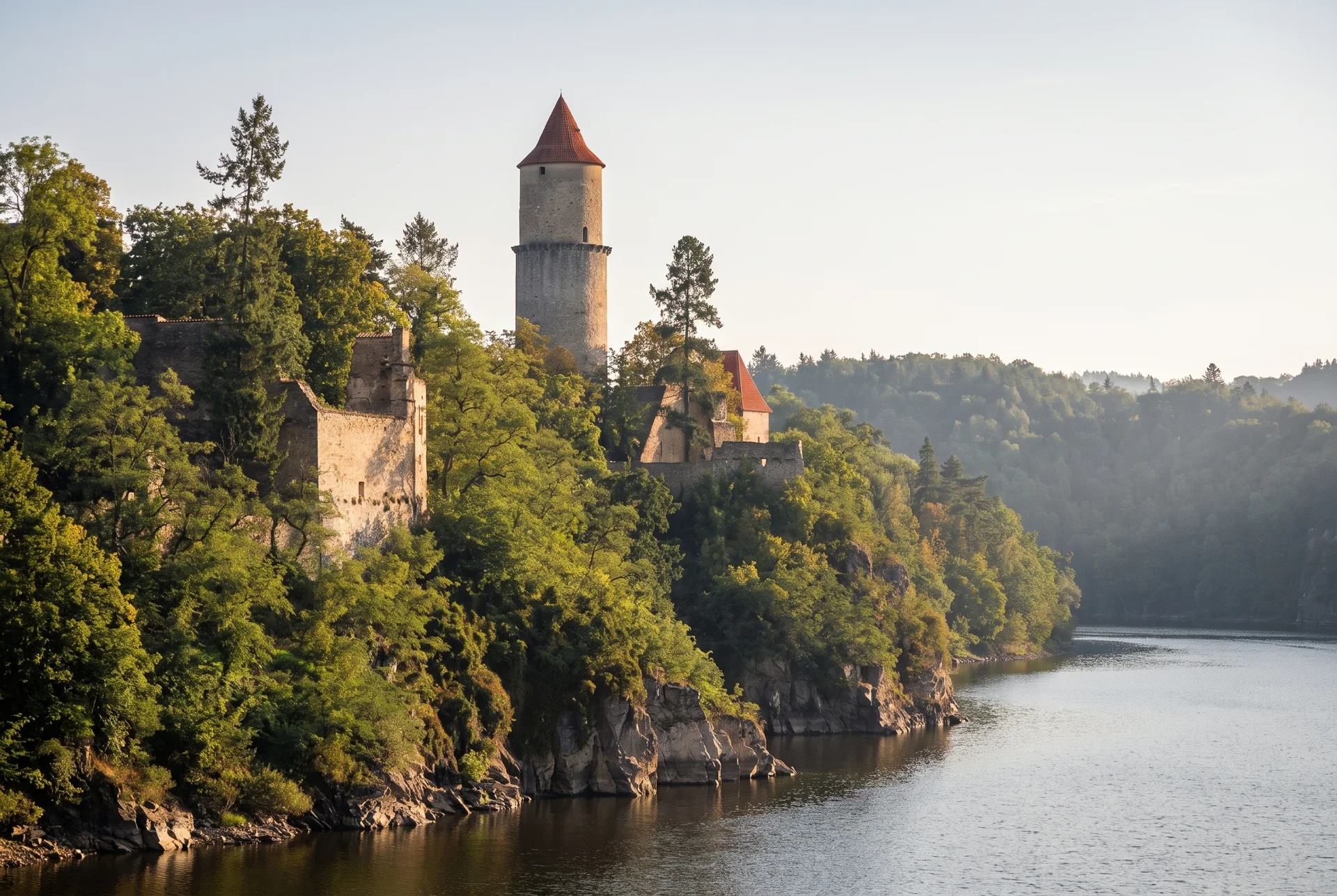 Hrad Zvíkov s válcovou věží na zalesněném ostrohu nad hladinou Orlické přehrady